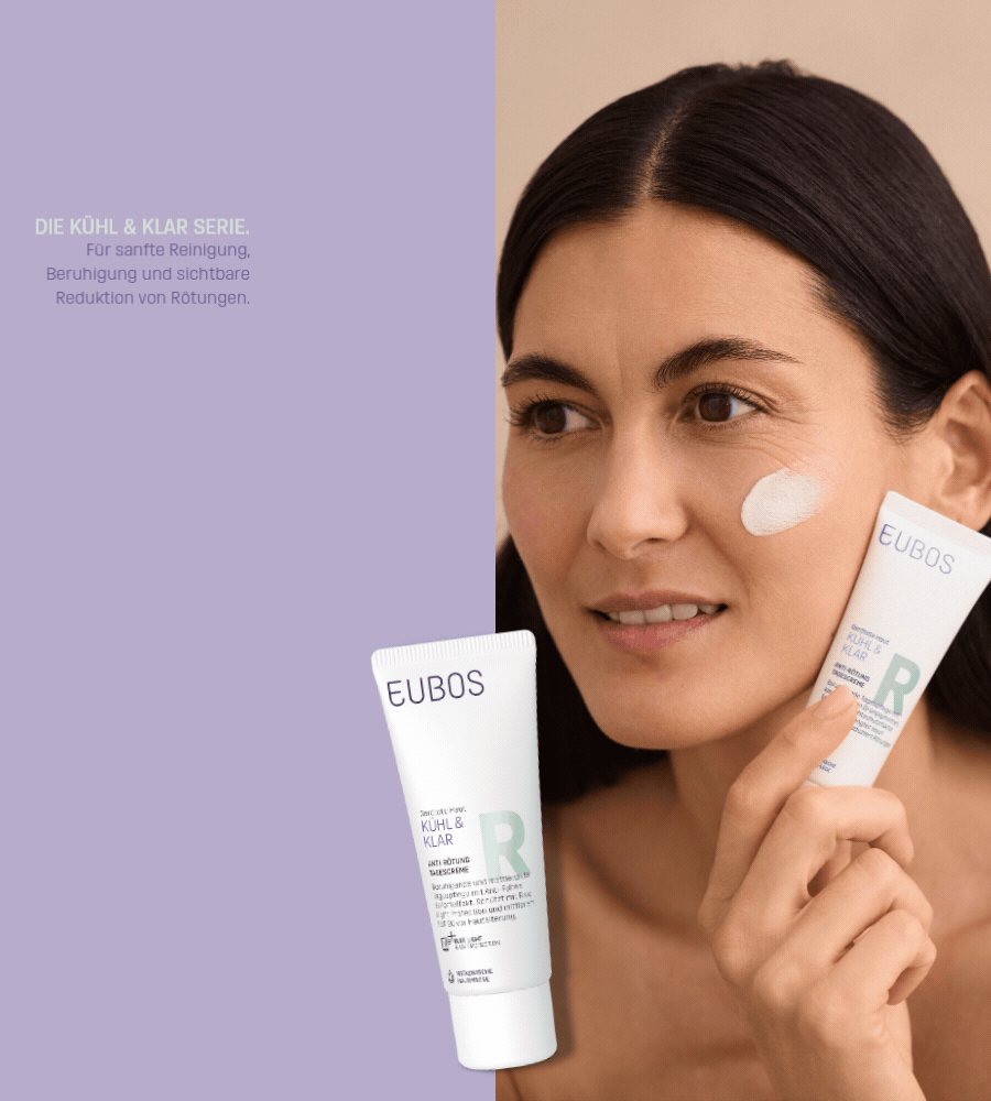 Frau mit EUBOS Kühl & Klar. Text: Ideal bei geröteter Haut, Couperose und Rosacea. LSF 20+.