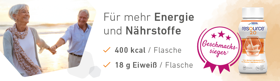 Icons: Orange, Flasche, Kochbuch, Tabletten. Text: In 3 Geschmacksrichtungen, schmeckt gekühlt, verarbeitbar bis 40°C, verordnungsfähig.