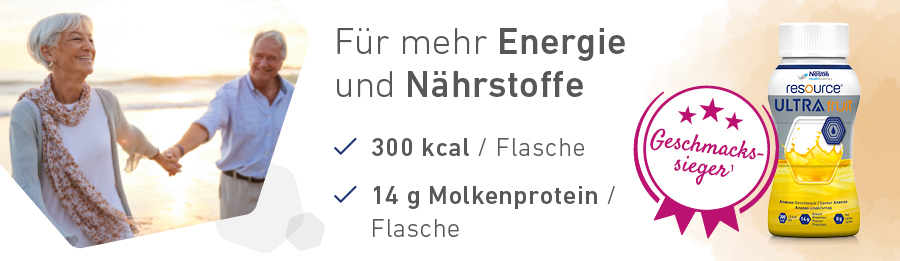 Icons: Orange, Flasche, Kochbuch, Tabletten. Text: 4 Geschmacksrichtungen, schmeckt gekühlt, in Rezepten verarbeitbar, verordnungsfähig.