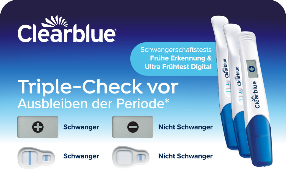 Clearblue Schwangerschaftstests. Digitalanzeige und Teststreifen. Text: Triple-Check vor Ausbleiben der Periode.