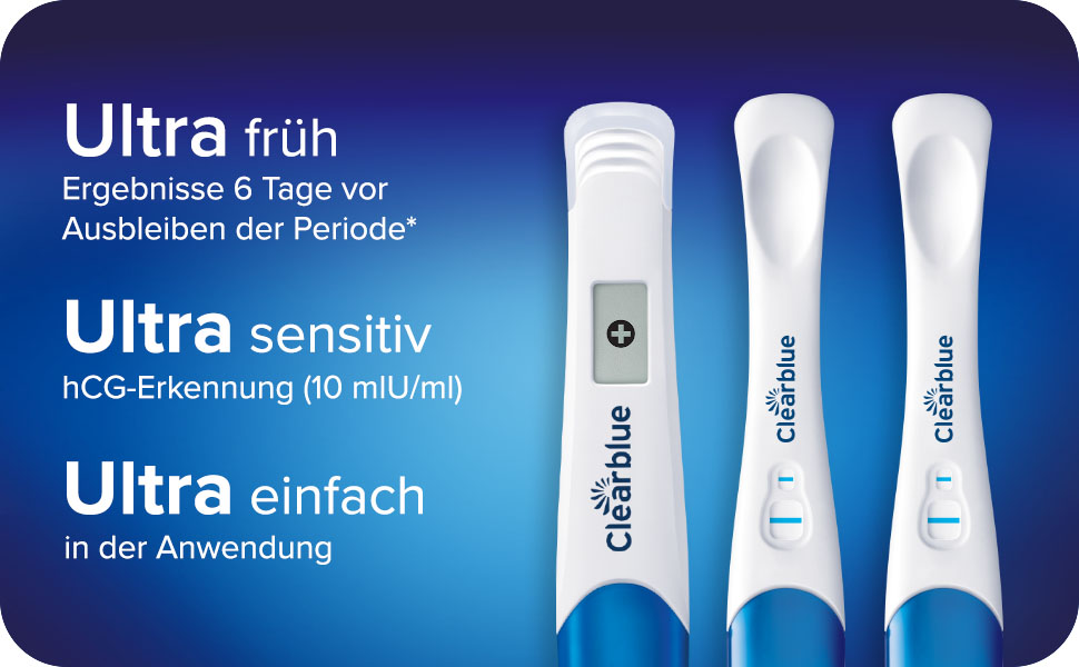 Clearblue Schwangerschaftstests. Digitalanzeige und Teststreifen. Text: Ultra früh, Ultra sensitiv, Ultra einfach.