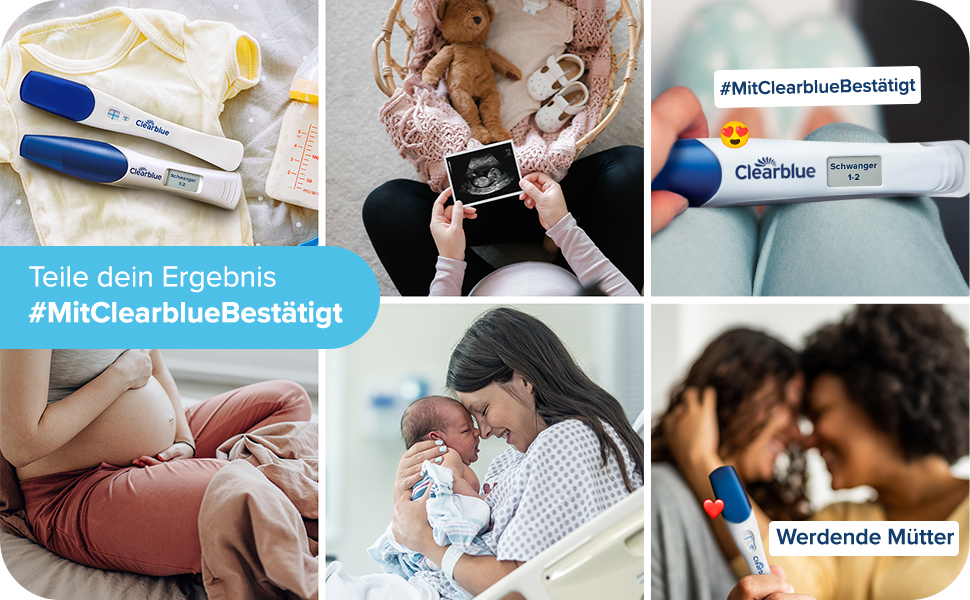 Collage: Bilder von Schwangeren und Babys. Clearblue Schwangerschaftstest.