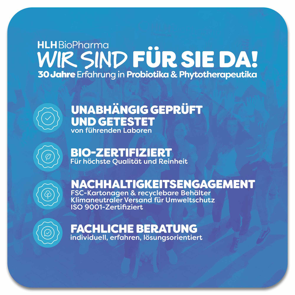 Blauer Hintergrund. HLH BioPharma. 30 Jahre Erfahrung. Unabhängig geprüft. Bio-zertifiziert. Nachhaltigkeit. Beratung.