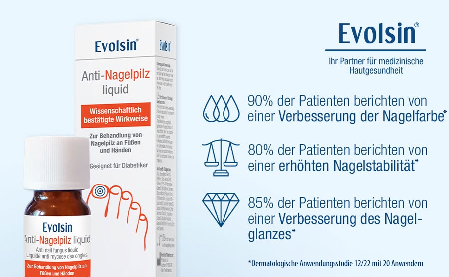 Evolsin Anti-Nagelpilz Liquid Fläschchen und Kartonverpackung mit Zehenabbildung.