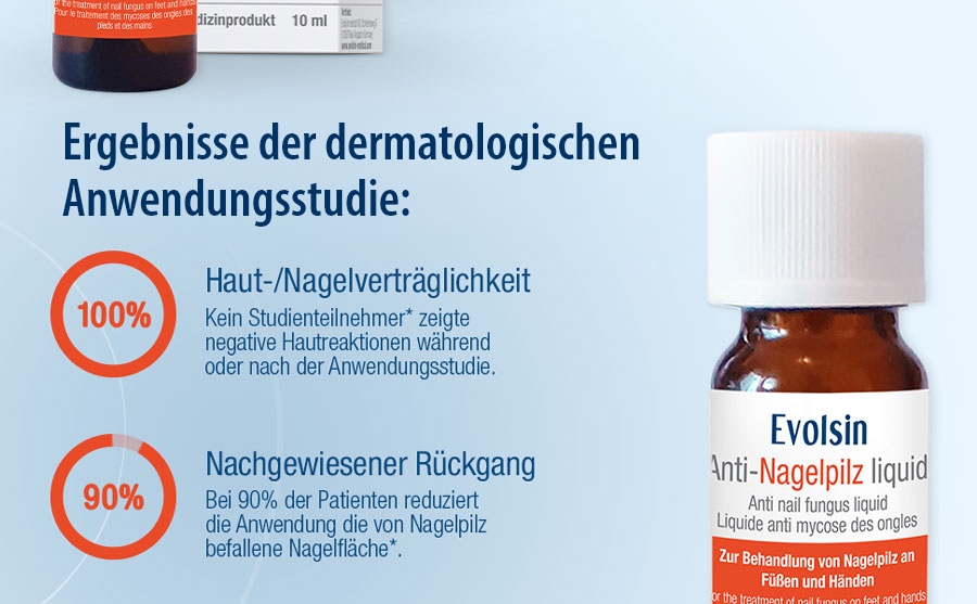 Evolsin Anti-Nagelpilz Liquid Fläschchen und Kartonverpackung mit Zehenabbildung und Dermatest-Siegel.
