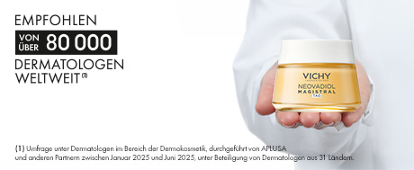Hand in weißem Handschuh setzt einen Tiegel Vichy Neovadiol Magistral Tag auf eine Oberfläche. Text: 'Dermatologisch an empfindlicher Haut getestet.'