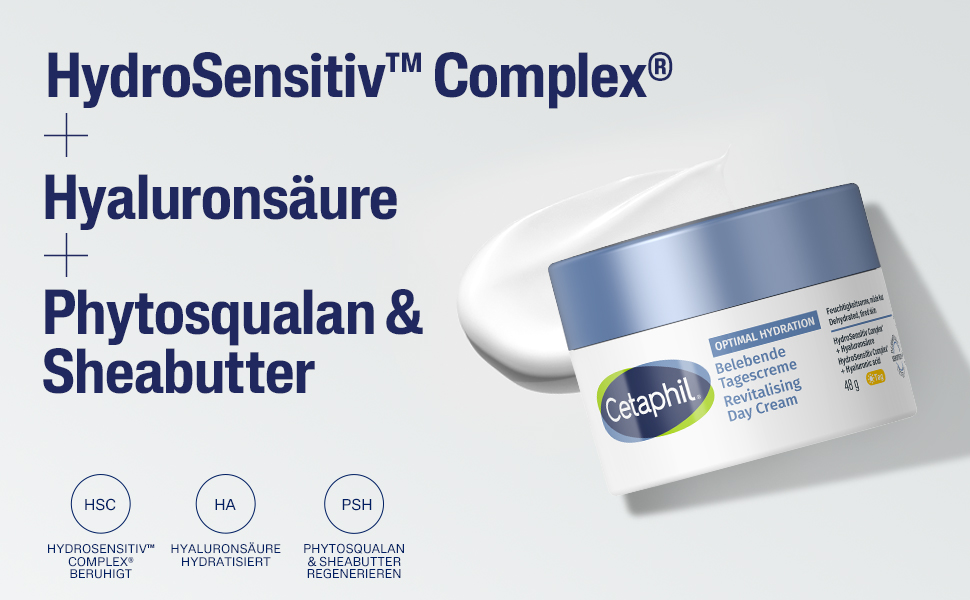 Inhaltsstoffe der Cetaphil Optimal Hydration Tagescreme: HydroSensitive Complex, Hyaluronsäure.