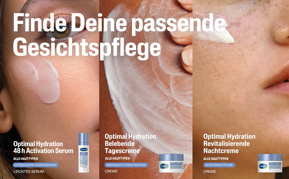 Produktreihe: Reinigungslotion, Serum, Creme, Nachtcreme. Text: Für feuchtigkeitsarme, müde Haut.