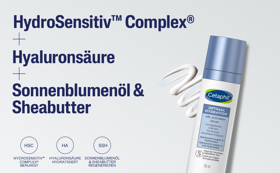 Text: HydroSensitiv Complex, Hyaluronsäure, Sonnenblumenöl & Sheabutter. Inhaltsstoffe.