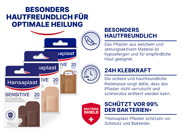 Rotes Schild mit weißem Kreuz. Text: Schützt vor 99% der Bakterien. Hansaplast Bacteria Shield Pflaster schützen vor Schmutz und Bakterien.