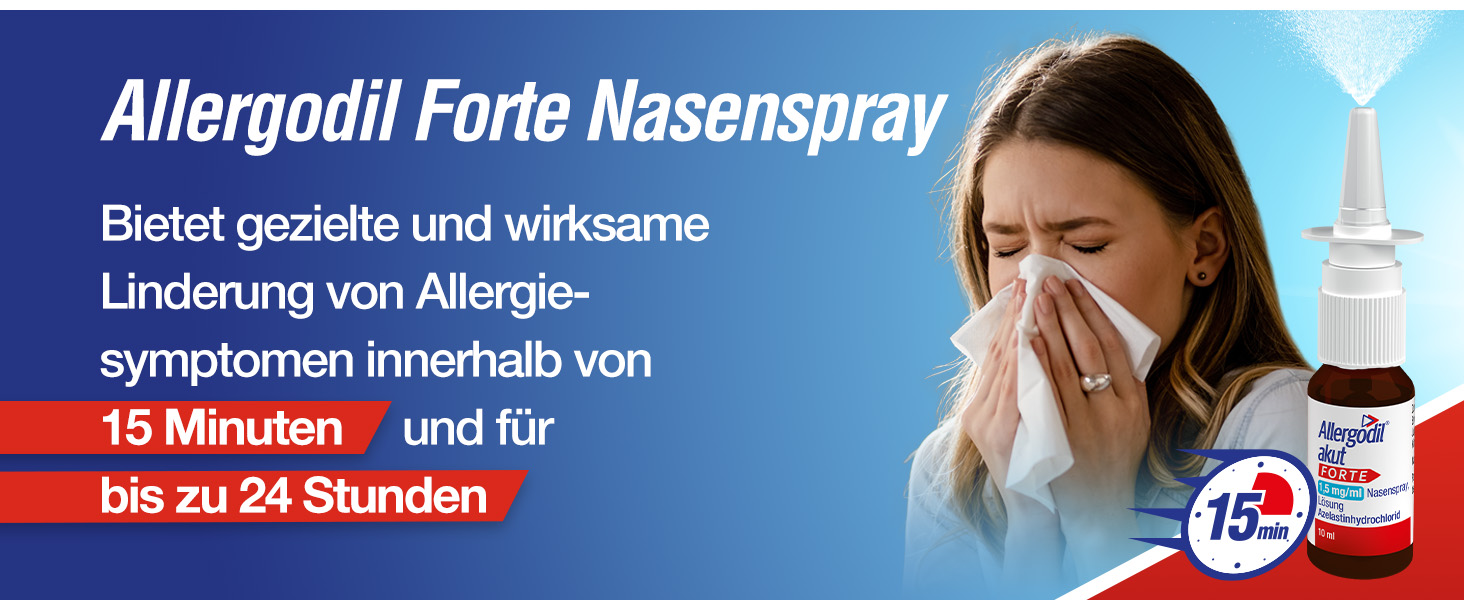 Frau mit Allergie-Symptomen, die Allergodil Forte Nasenspray verwendet. Linderung in 15 Minuten, bis zu 24 Stunden.
