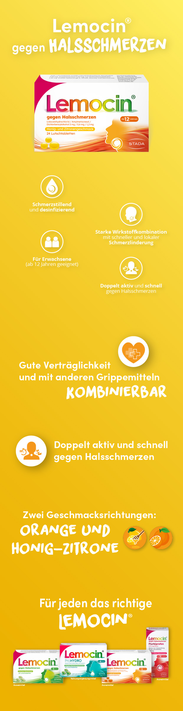 Werbung für Lemocin gegen Halsschmerzen. Icons, Packungen, Text.