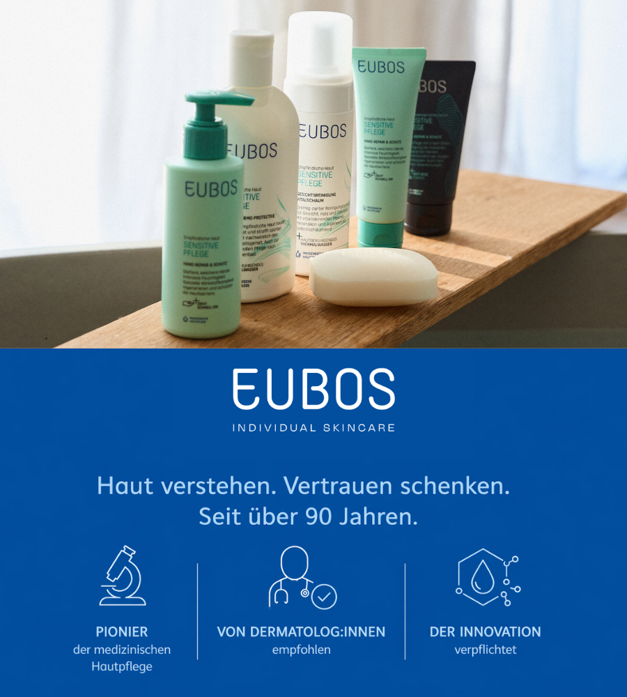 Verschiedene EUBOS Produkte auf Holz. Text: Haut verstehen. Vertrauen schenken. Seit über 90 Jahren. Logo.