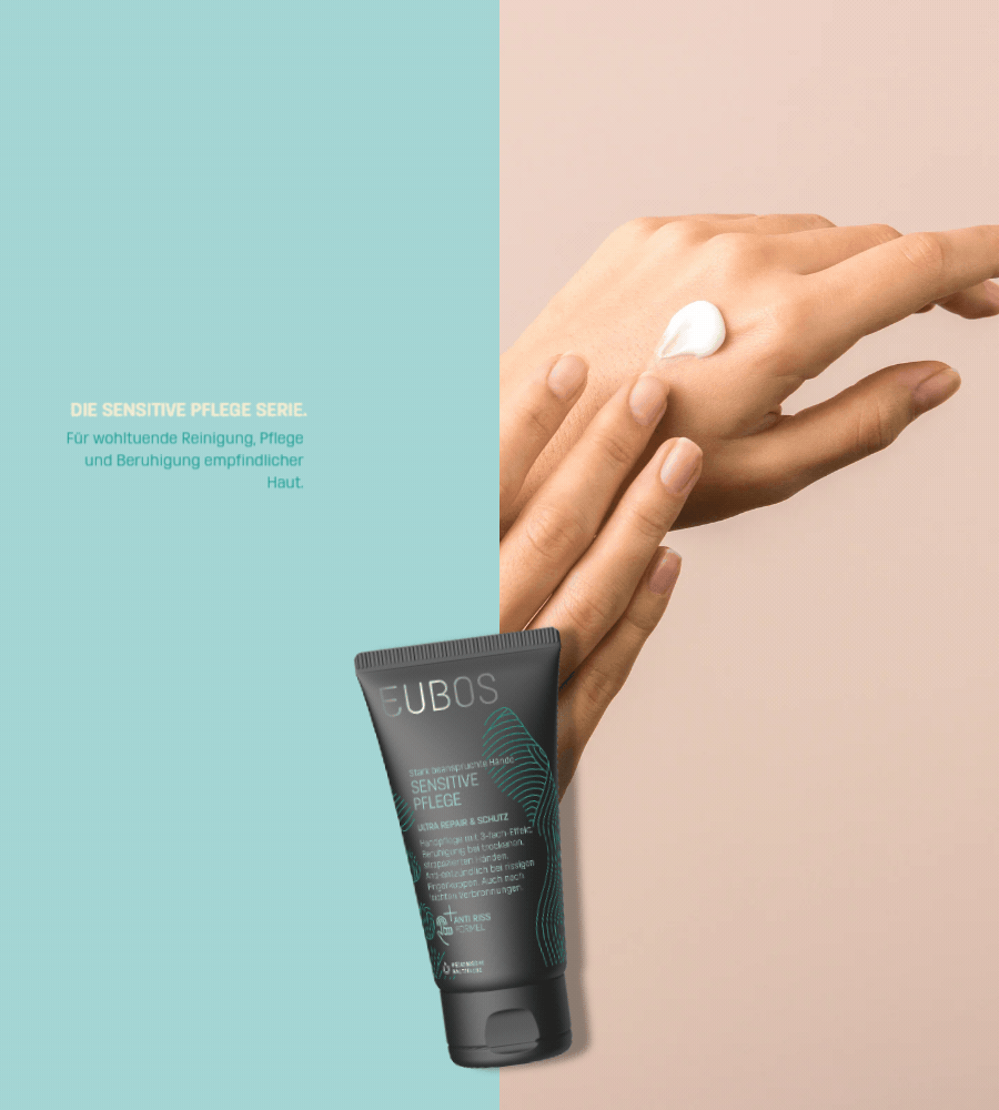 Hände mit Creme. Tube EUBOS Sensitive Pflege. Text: Die Sensitive Pflege Serie. Für Reinigung, Pflege und Beruhigung.