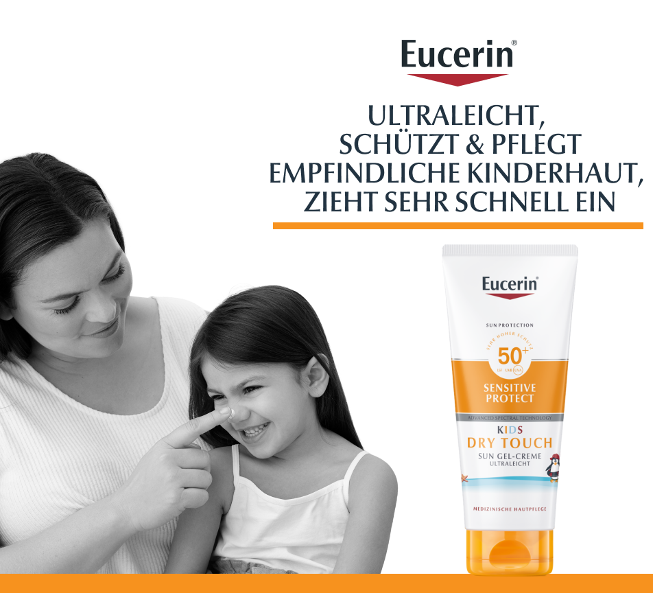 Eucerin Sonnencreme für Kinder, LSF 50+, Sensitive Protect Dry Touch, 200ml Tube.