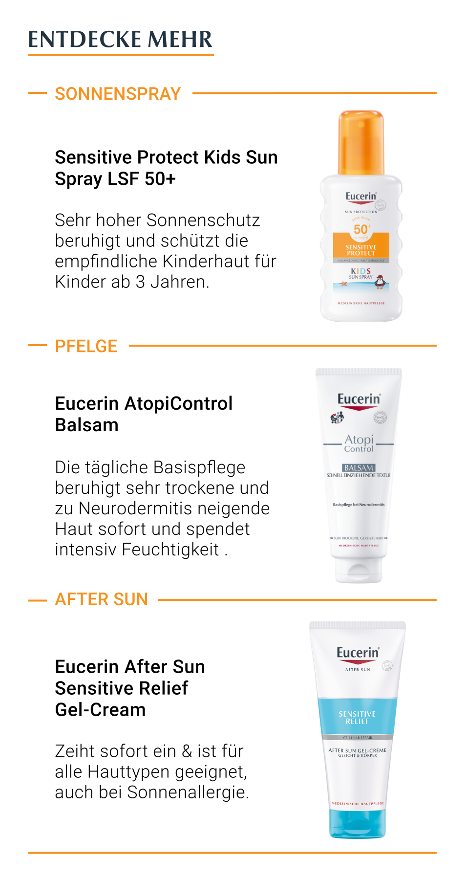 Eucerin Produktübersicht: After Sun, Kids Sun Lotion, Kids Sun Spray.