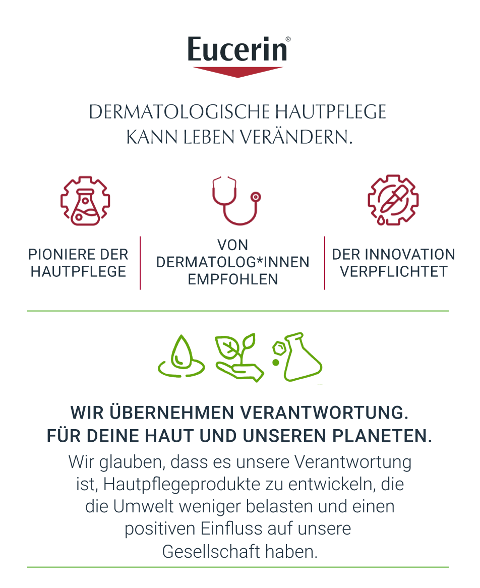 Eucerin: Pionier der Hautpflege, von Dermatologen empfohlen, Innovation verpflichtet. Nachhaltigkeit & Umwelt: Frei von Mikroplastik, UV-Filter ohne Octocrylen.