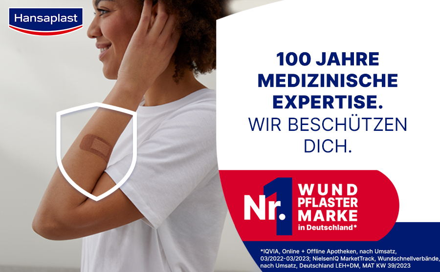 Frau mit Pflaster am Arm. Text: 100 Jahre medizinische Expertise. Nr. 1 Wundpflaster Marke.