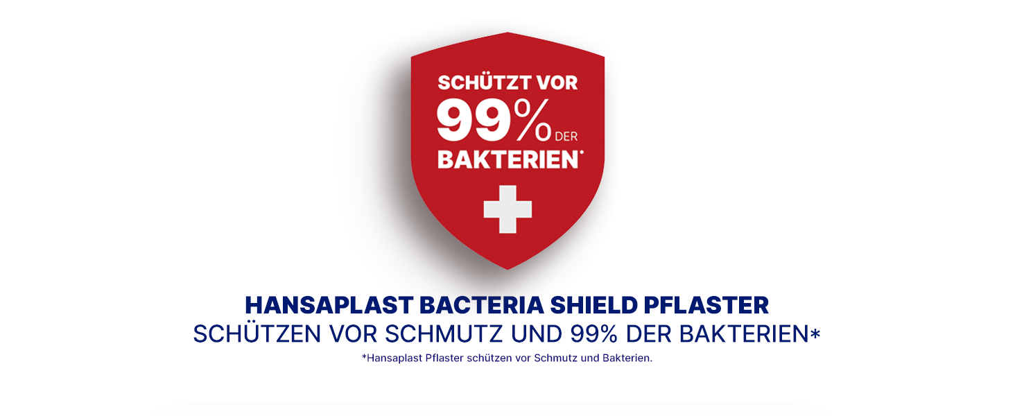 Rotes Schild mit Text: Schützt vor 99% der Bakterien. Weißes Kreuz.