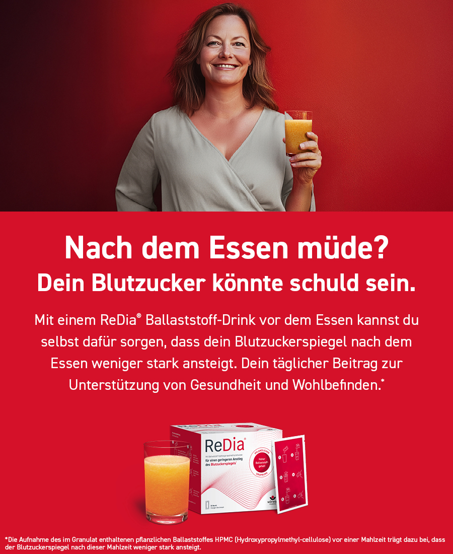 Werbung mit Getränk und Bär. Text: Mach den ersten Schritt. Mit ReDia® - dem Ballaststoff-Drink.