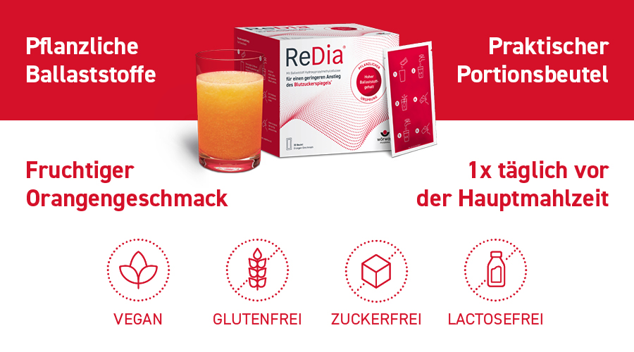 Anleitung zur Zubereitung von ReDia®: 6 Schritte. Roter Hintergrund. Illustrationen zeigen die Zubereitung.
