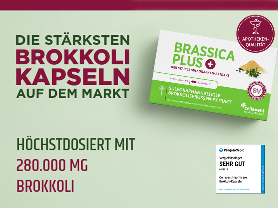 Werbebild mit Brassica PLUS Packung und Text: Die stärksten Brokkoli Kapseln auf dem Markt.