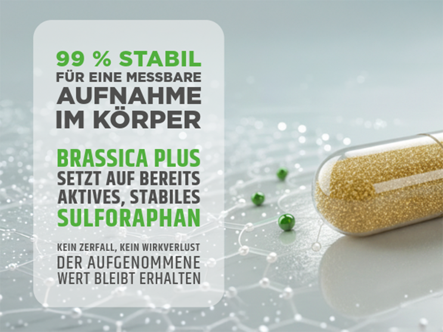 Kapsel mit Inhalt und Text: 99 % stabil für eine messbare Aufnahme im Körper. Brassica PLUS.
