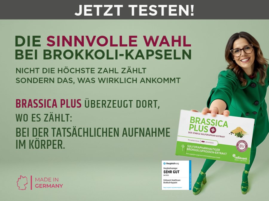 Frau hält Brassica PLUS Packung. Text: Die sinnvolle Wahl bei Brokkoli-Kapseln. Made in Germany.
