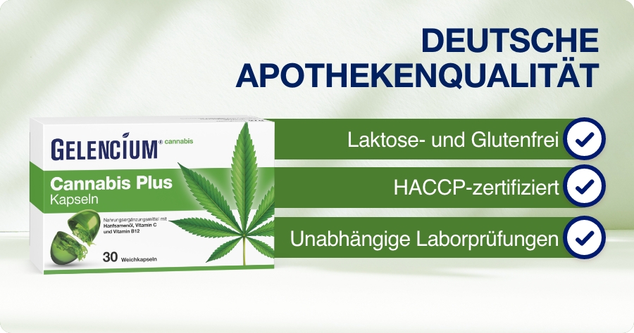 Grafik: Deutsche Apothekenqualität. Laktose- und glutenfrei, HACCP-zertifiziert, unabhängige Laborprüfungen.
