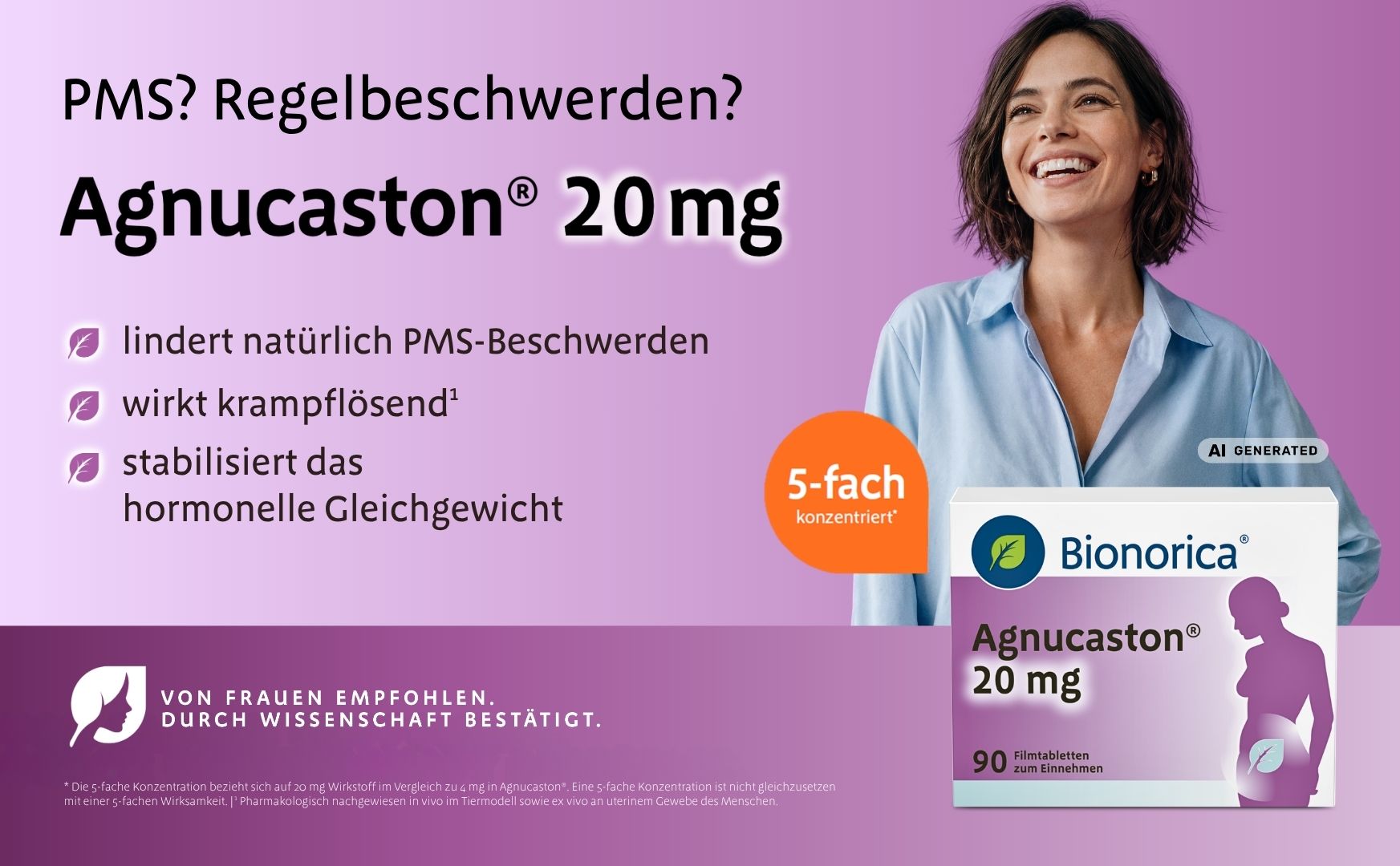 Bionorica Agnucaston 20 mg Schachtel mit lächelnder Frau und Text zu PMS.