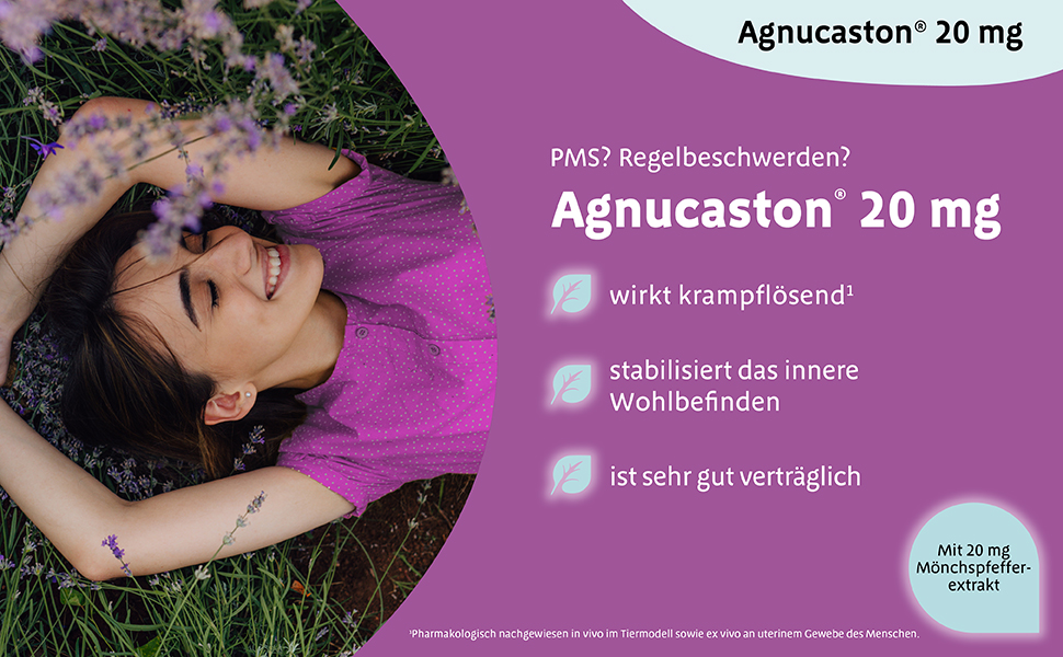 Frau liegt in Blumen. Agnucaston® 20 mg. Wirkt krampflösend, stabilisiert das innere Wohlbefinden.