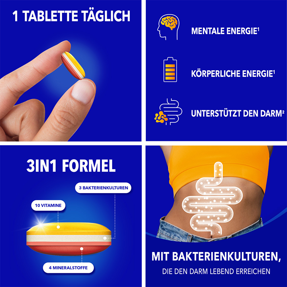 Verschiedene Grafiken. Tablette, Gehirn, Batterie, Darm. Text: Mentale Energie, Körperliche Energie, Unterstützt den Darm.
