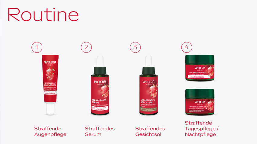 Rote Tube mit Augenpflege. Weleda-Logo und Produktname. Granatapfel-Abbildung.