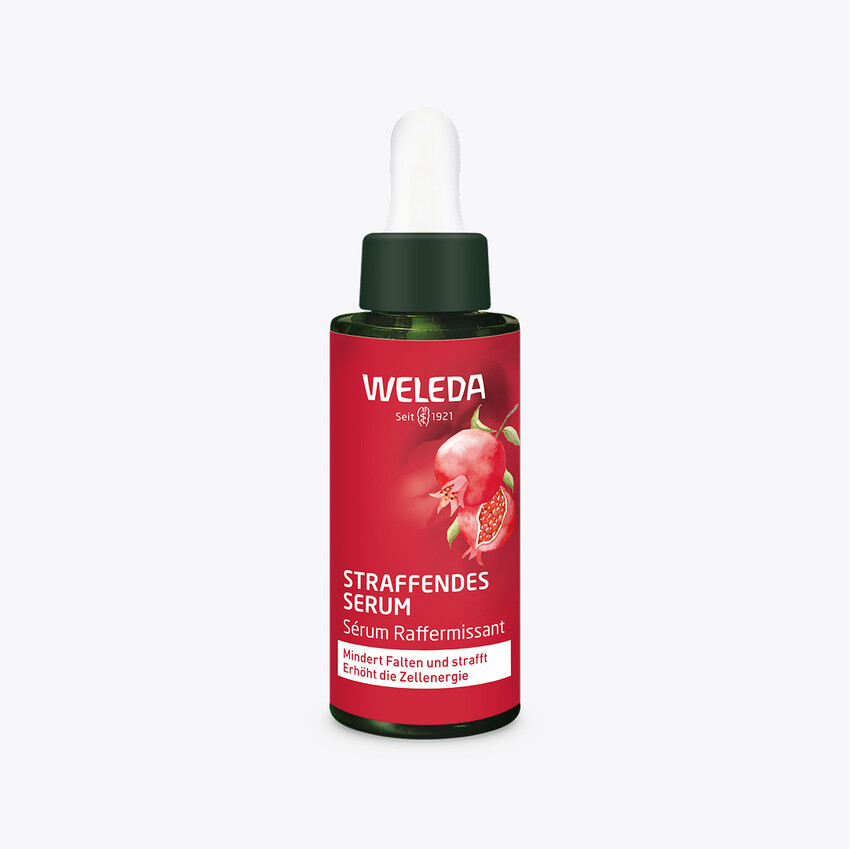 Nahaufnahme. Text: Peptid aus der Maca Wurzel. Glow-Booster, strafft und mindert Falten.
