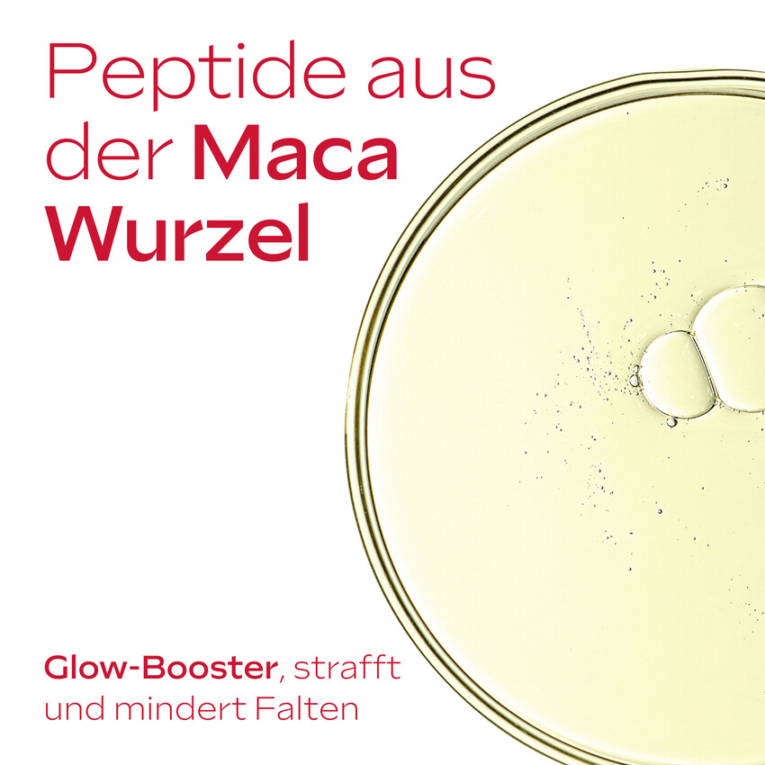 Nahaufnahme. Text: Granatapfelsamenöl. Antioxidativ, fördert die Hautregeneration.