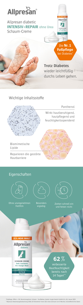 Werbebild: Allpresan diabetic Schaum-Creme, Füße mit trockener Haut, Inhaltsstoffe, Eigenschaften, 25% mehr Inhalt, 62% mehr Feuchtigkeit.