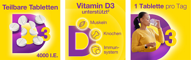 Zwei Bilder: Nr. 1 Marktführer für Vitamin D Produkte und Gluten- & laktosefrei, ohne Inhaltsstoffe vom Schwein, ohne Gentechnik.