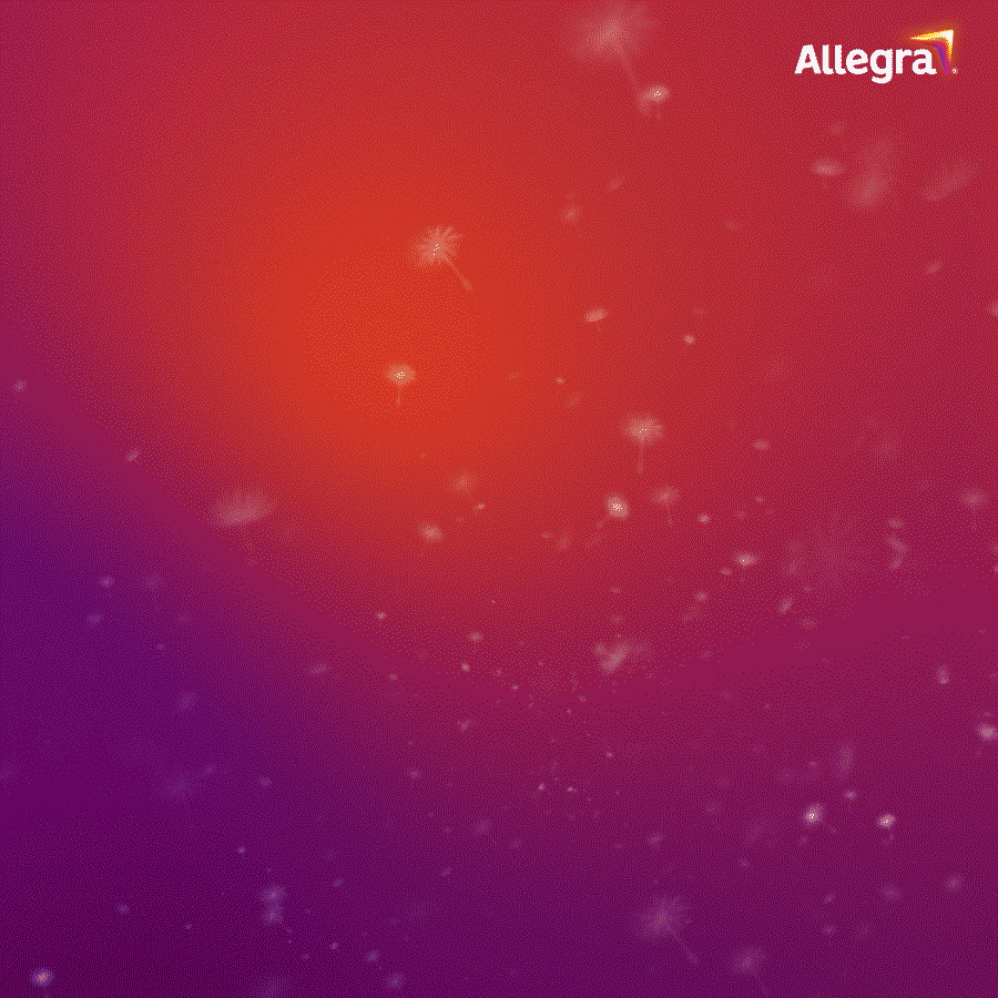 Allegra Logo auf rotem Hintergrund mit weißen Partikeln.