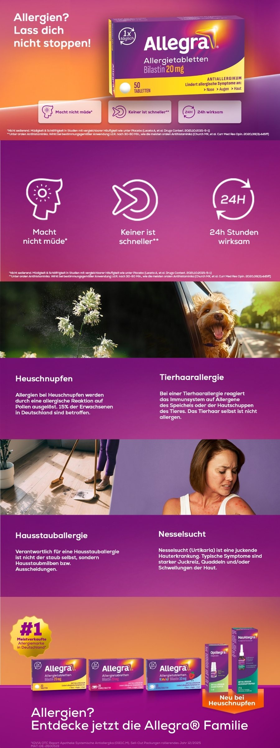 Werbebanner mit Allegra Produkten und Informationen. Lila Design. Text und Logo.