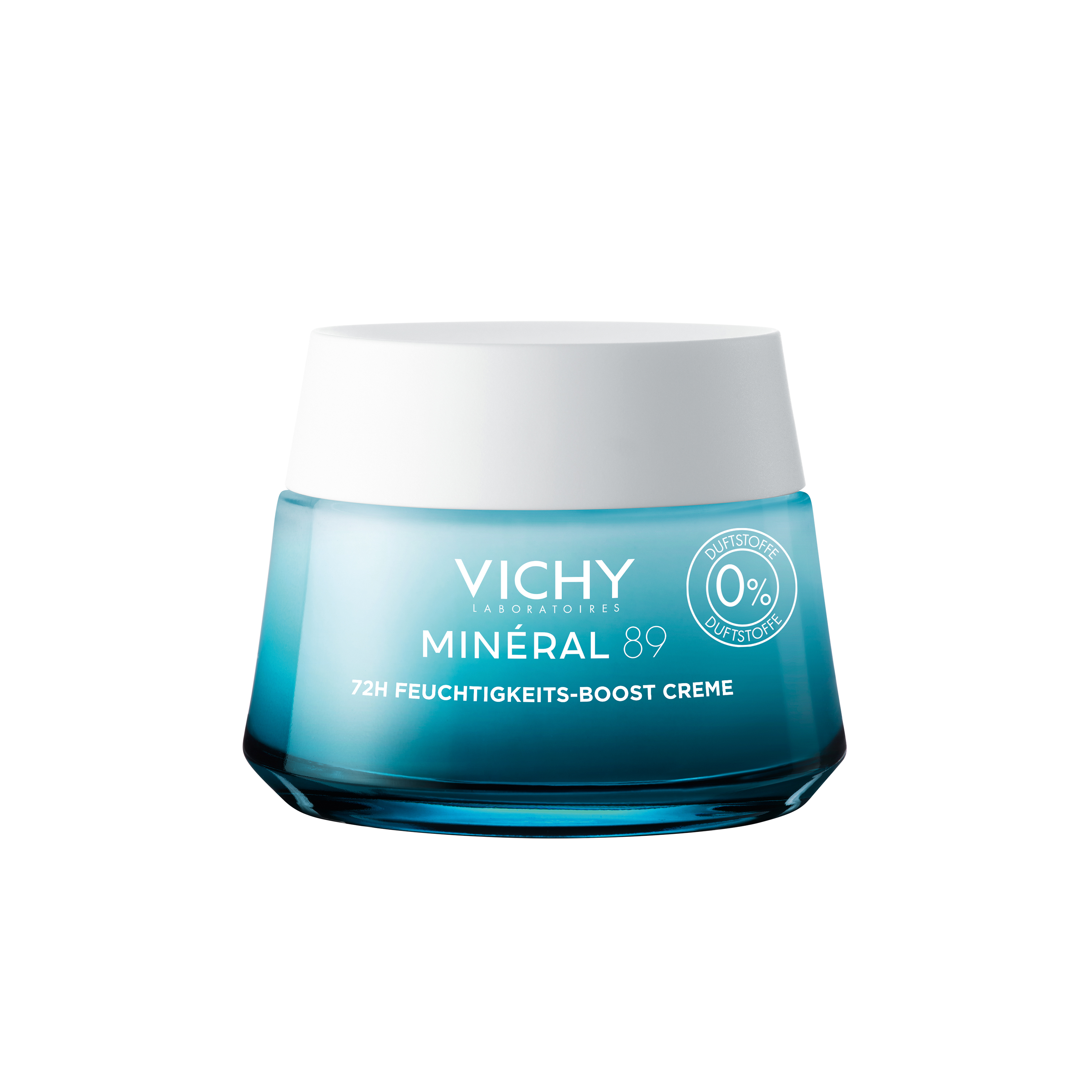 Blaue Creme-Dose mit weißem Deckel. Vichy Mineral 89, 72H Feuchtigkeits-Boost Creme. Ohne Duftstoffe.