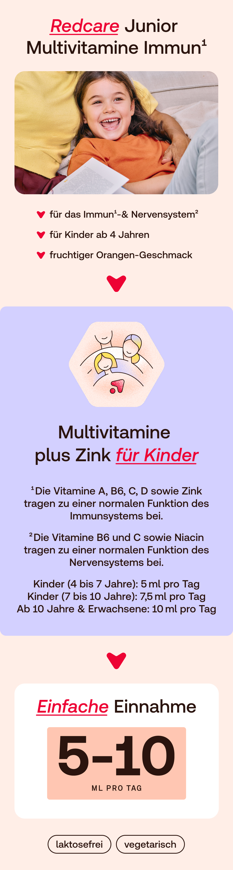 Redcare Junior Multivitamin Immun: Kinderbild, Immun- & Nervensystem, ab 4 Jahren, fruchtiger Orangengeschmack.