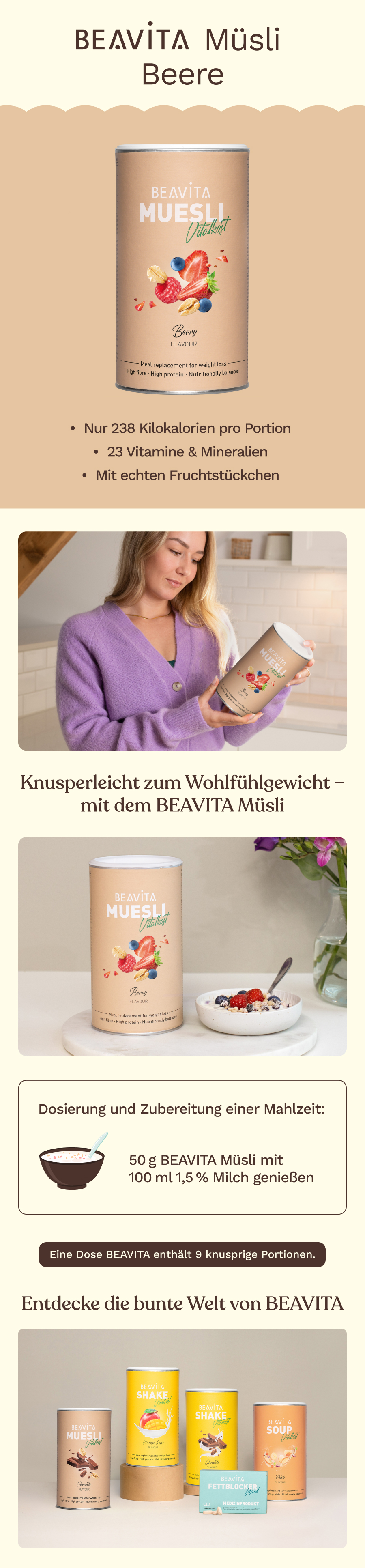 BEAVITA Müsli Beere: Dose, Frau mit Müsli, Schüssel mit Müsli, Dosierung, weitere Produkte.