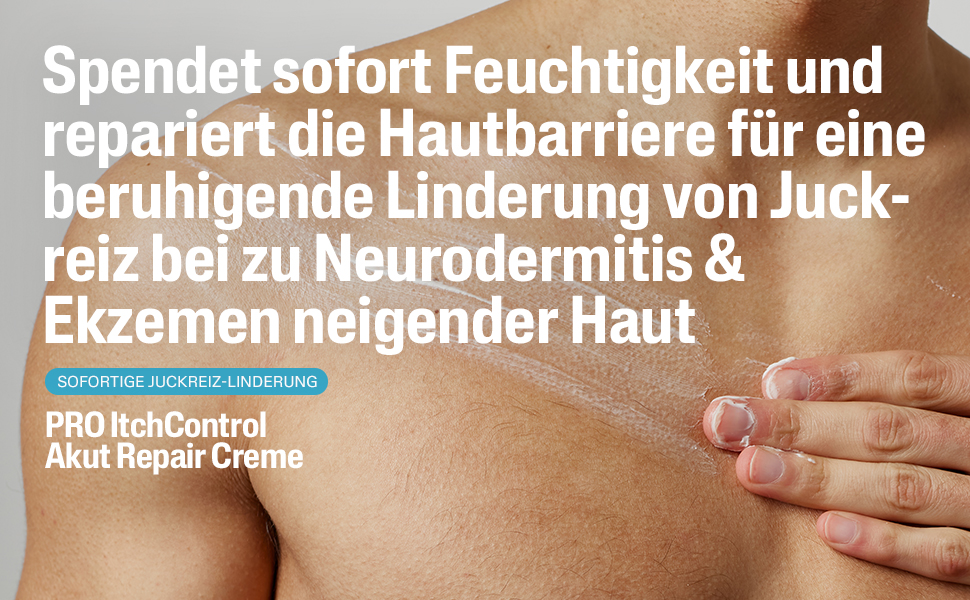 Person trägt Creme auf Brust auf. Text: Spendet Feuchtigkeit und repariert Hautbarriere.