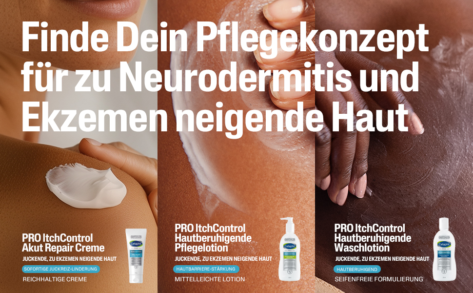 Cetaphil Pro Produkte: Akut Repair Creme, Hautberuhigende Pflegelotion, Waschlot.