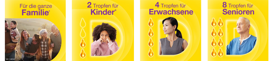Vitamin D3 unterstützt Muskeln, Knochen, Immunsystem. Gelb, lila und Symbole.