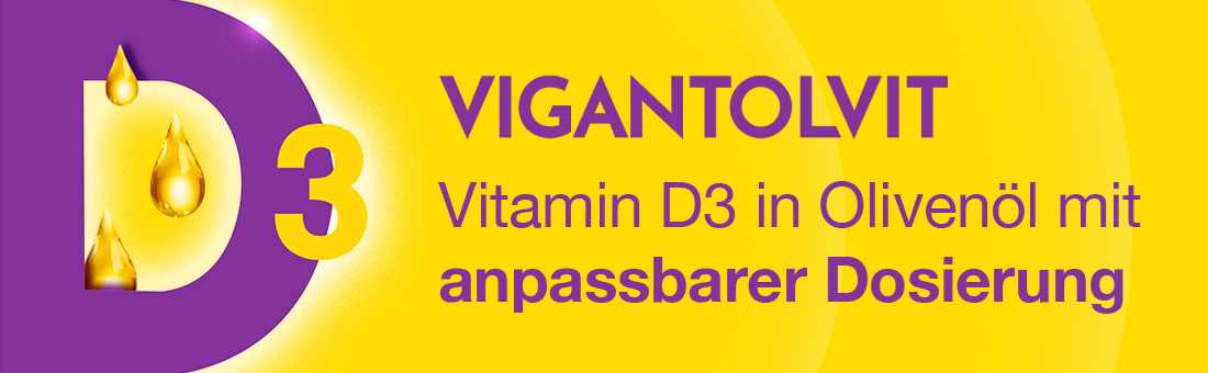 VIGANTOLVIT, Vitamin D3 in Olivenöl mit anpassbarer Dosierung. Gelb, lila und Tropfen.