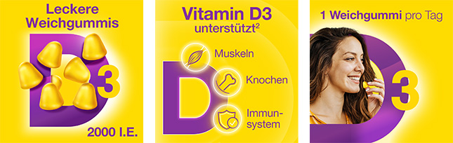 Gelber Hintergrund mit lila D und gelben Weichgummis. Text: Leckere Weichgummis, Vitamin D3 unterstützt, 1 Weichgummi pro Tag.