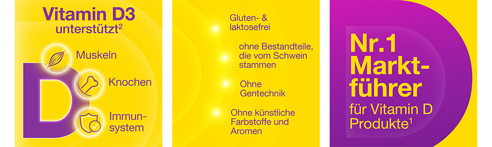 Drei Bilder: Vitamin D3 unterstützt, Gluten- & laktosefrei, Nr. 1 Marktführer. Gelber Hintergrund.