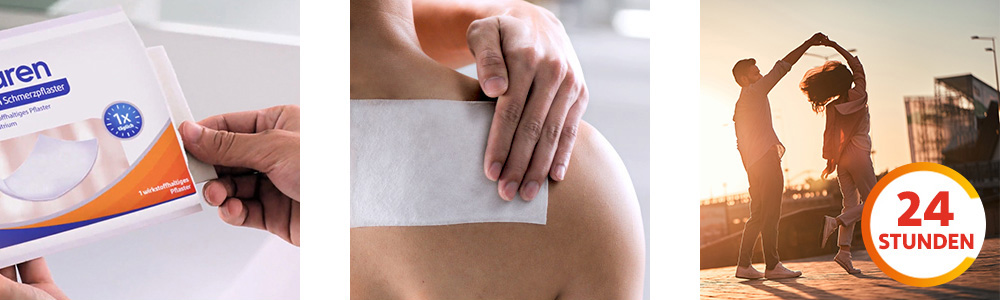 Person mit Pflaster auf dem Rücken. Text: 24 Stunden kontinuierliche Wirkstofffreisetzung.