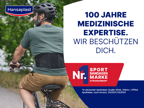Mann auf Fahrrad mit Rückenbandage. Nr. 1 Sport Bandagen Marke in Deutschland.